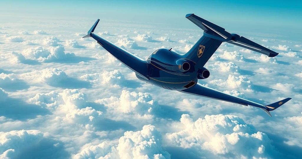 A sleek luxury jet in the sky, showcasing opulence and power with a modern design and vibrant blue color scheme.
