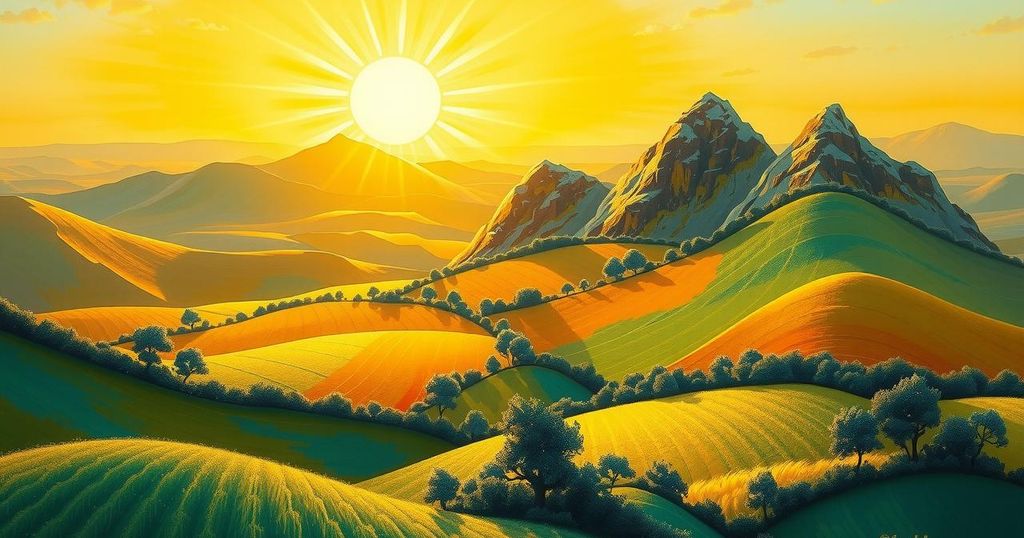 A symbolic representation of unity and hope with light shining over a diverse landscape.