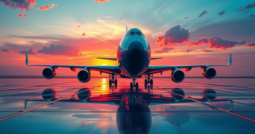 A luxury Boeing 747-8 jet showcasing its grandeur against a blue sky, representing political controversy and symbolism.