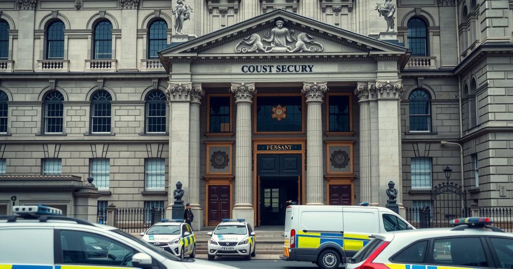 Dublin courthouse with heavy security and police presence for a legal proceeding.
