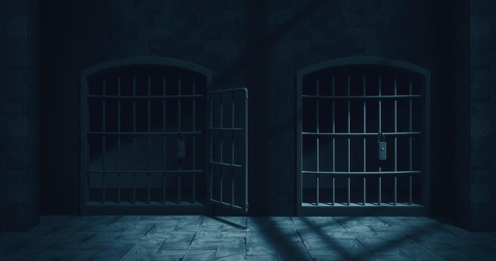 Two barred prison cells with dark shadows, symbolizing justice and confinement, in a somber color palette.