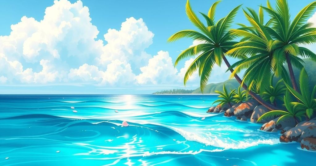 Illustration of tropical ocean with cool water currents under a bright blue sky, showcasing a serene natural scene.