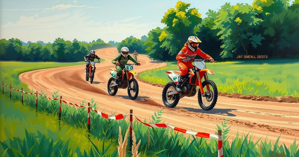 A motocross track nestled in green fields with bikes and gear scattered around, showcasing racing culture and community.
