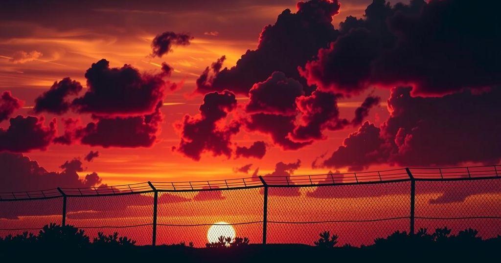 A dark silhouette of a border fence with a somber sunset background, symbolizing immigration struggles and separation.