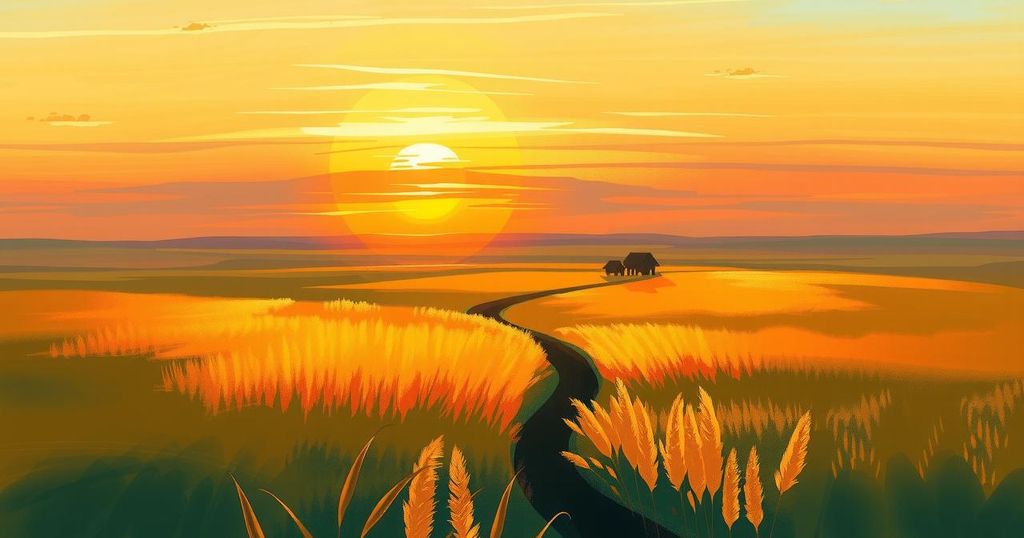 A serene landscape depicting the struggles of migration, featuring vast open fields and a sunset.