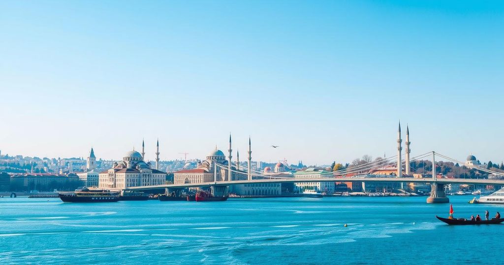 A scenic view of Istanbul's skyline featuring the Bosphorus Bridge and historic buildings representing peace negotiations.