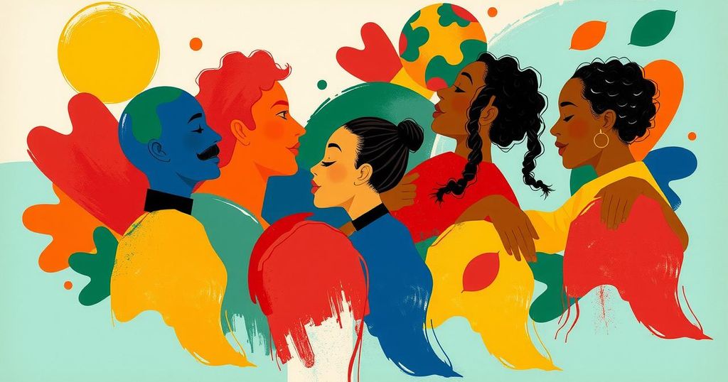 Colorful abstract design representing diverse cultures and vibrant community interactions.