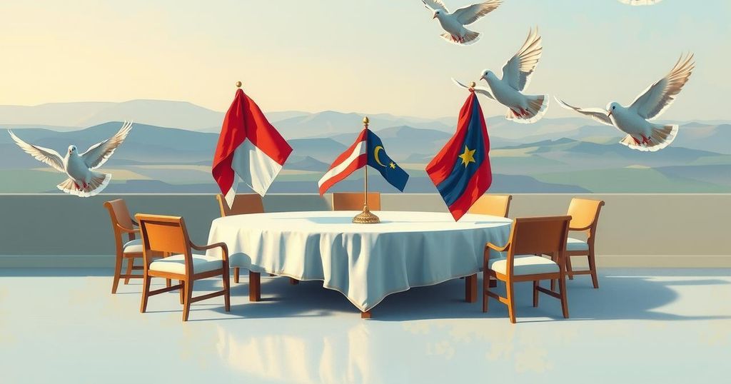 A symbolic scene representing peace negotiations, featuring a table with flags and doves, in soft pastel colors.