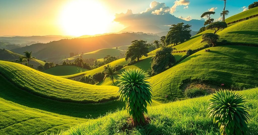 A serene scene of a lush green landscape in Malawi, symbolizing hope and health with vibrant sunlight and harmony.