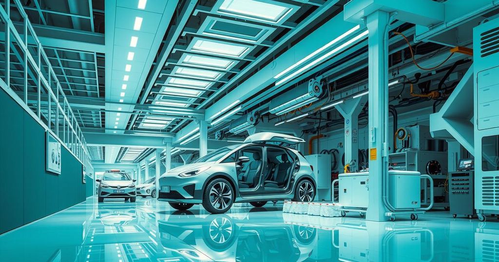 An electric vehicle assembly plant in Egypt, showcasing modern machinery and eco-friendly technology, in a vibrant color scheme.