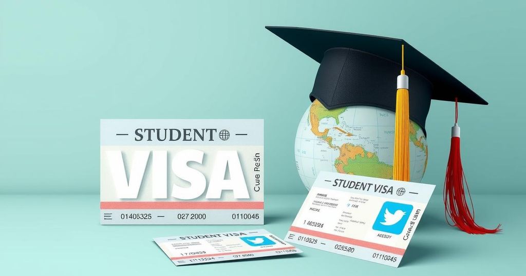 A conceptual illustration of student visas, featuring a globe, a graduation cap, and social media icons in muted tones.