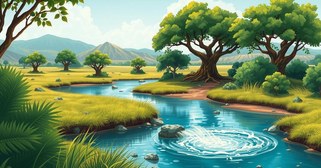 A serene African landscape with clean water sources, trees, and greenery, symbolizing hope for health and wellness.