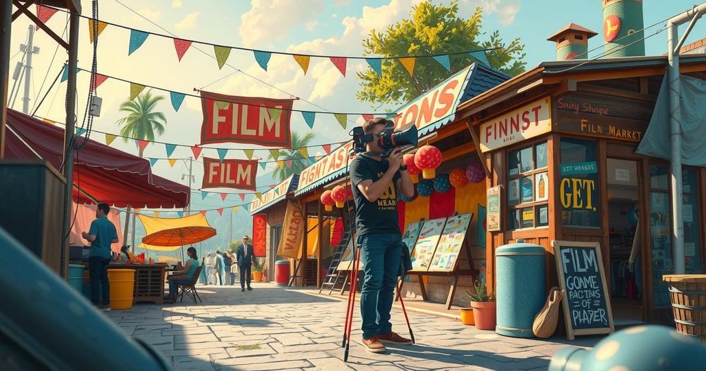 A cinematic landscape with a bustling film set, showcasing vibrant colors amid the excitement of the film industry.
