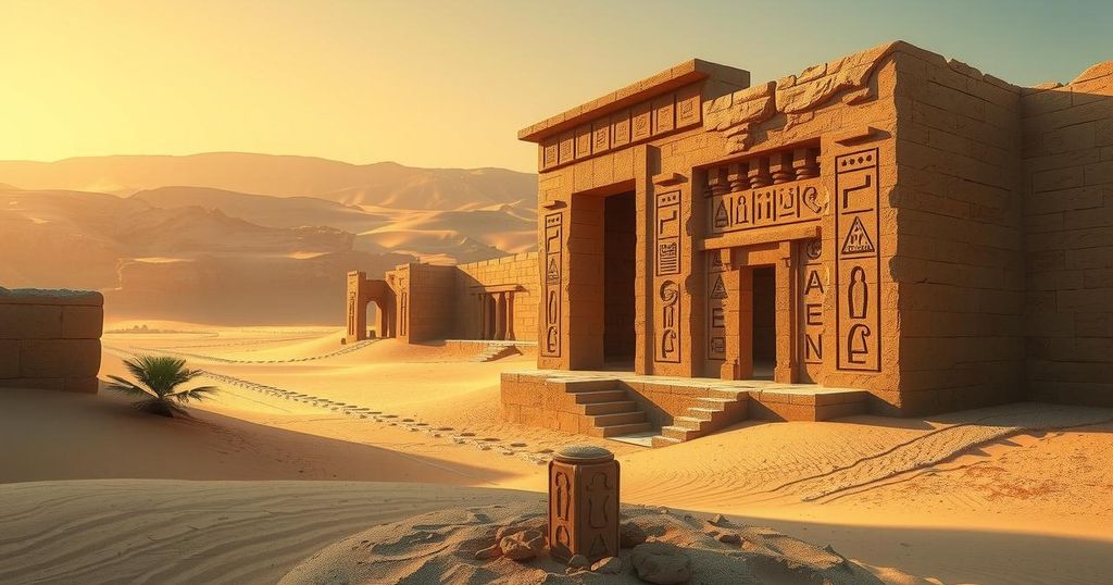 Desert landscape featuring ancient ruins and hieroglyphs, bathed in warm golden tones, illustrating Egypt's archaeology.