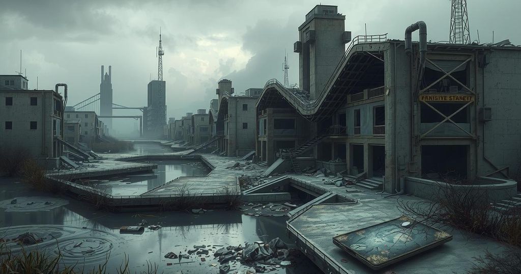Desolate urban landscape with collapsed buildings, polluted water sources, and abandoned infrastructure in Sudan.