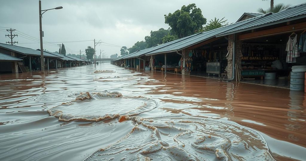 A dramatic scene of a flooded marketplace with submerged structures and muddy water under a somber sky.