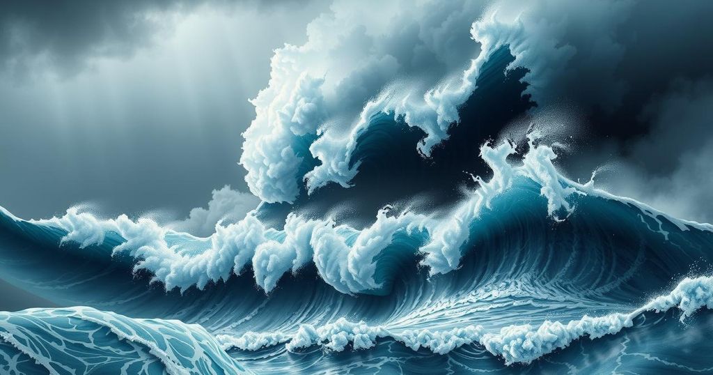 A tumultuous ocean scene showcasing strong winds with towering waves under a stormy sky.