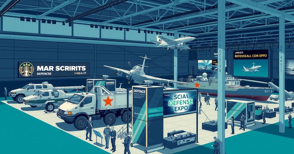 A vibrant scene depicting a military expo with displays of land, sea, and air technologies in a modern exhibition center.