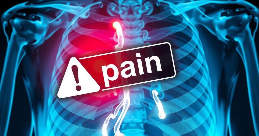 A broken rib x-ray with a warning graphic about pain, depicting an x-ray image with highlighted rib area.
