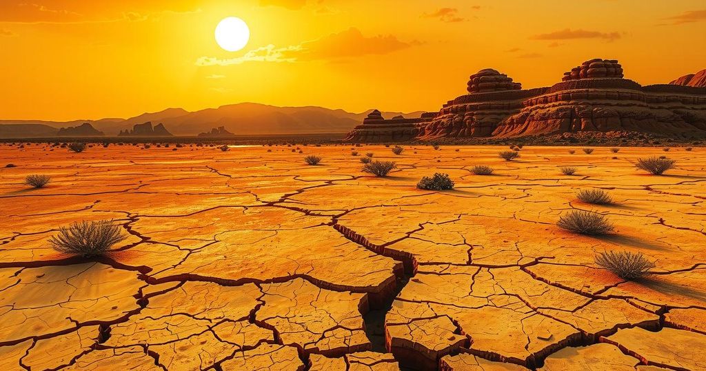 A parched landscape of brown earth under a blazing sun, representing extreme heat in Pakistan's cities.
