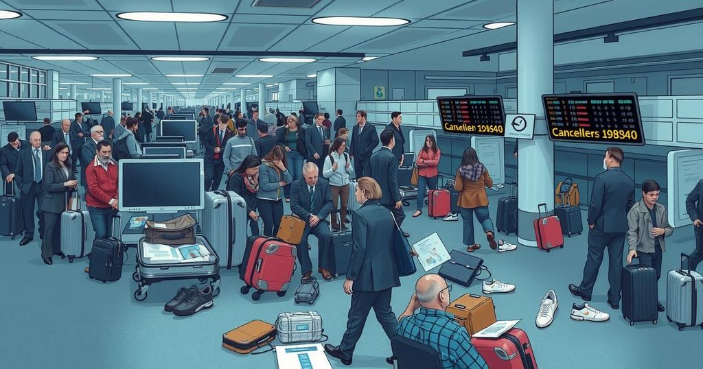 A dynamic airport scene showing chaos and uncertainty due to travel restrictions, illustrating the impact on international travel.