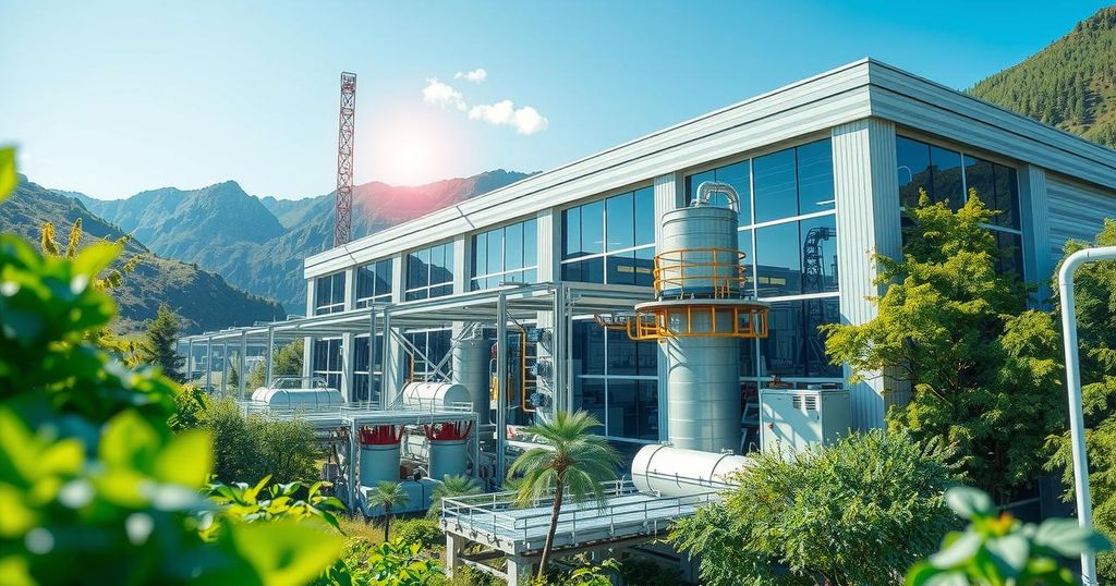 Indonesian battery plant with modern production lines and green landscape, showcasing electric vehicle innovations.