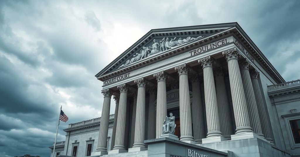 Scene of a court building facade with a cloudy sky in muted colors, evoking a sense of tension and anticipation.