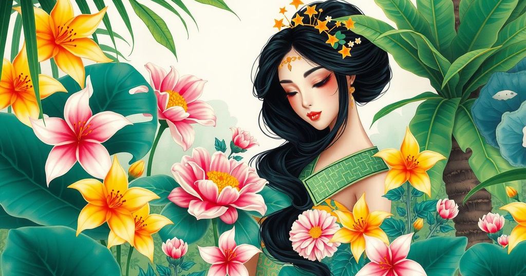 A vibrant illustration of a Brazilian princess with a touch of Japanese elegance, featuring lush green surroundings and colorful flowers.