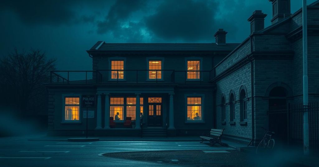 A serious scene depicting a police station with a somber atmosphere, colored in dark blues and grays, emphasizing tension.