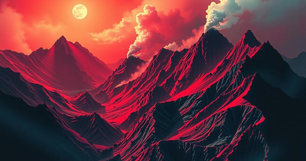 A dramatic landscape of mountains with smoke rising, depicting a cinematic war scene, set in vibrant hues of red and black.