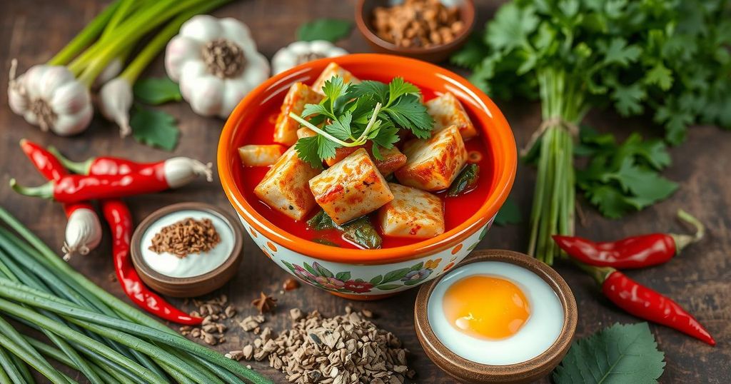 A vibrant bowl of Vietnamese bun moc topped with scallions and cilantro, surrounded by fresh ingredients and spices.