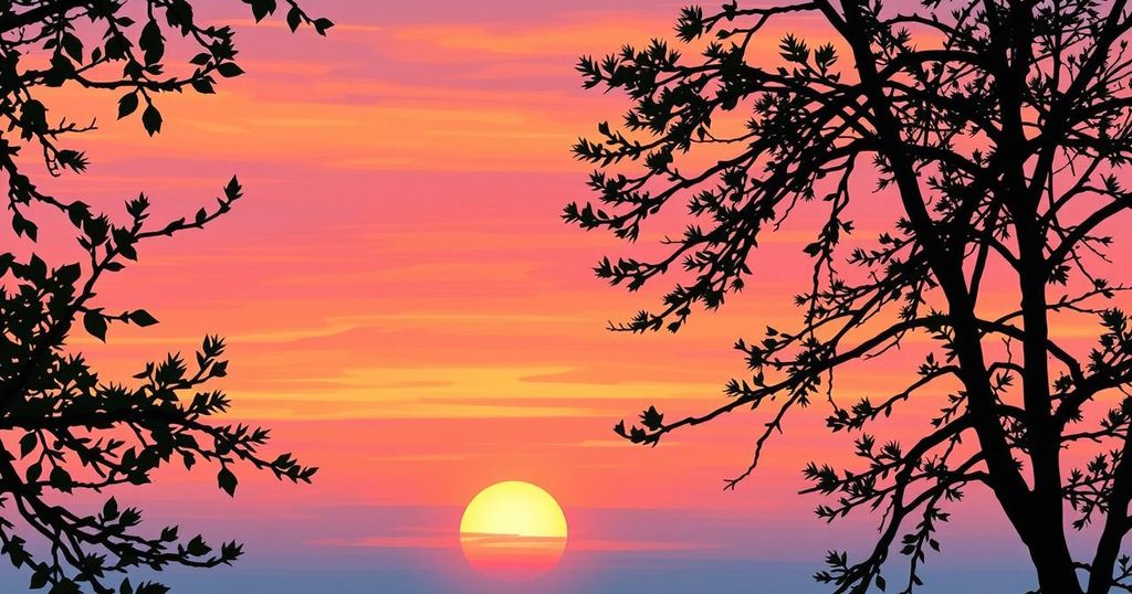 A vibrant sunset over the horizon with silhouettes of tree branches, conveying a sense of peacefulness and reflection.