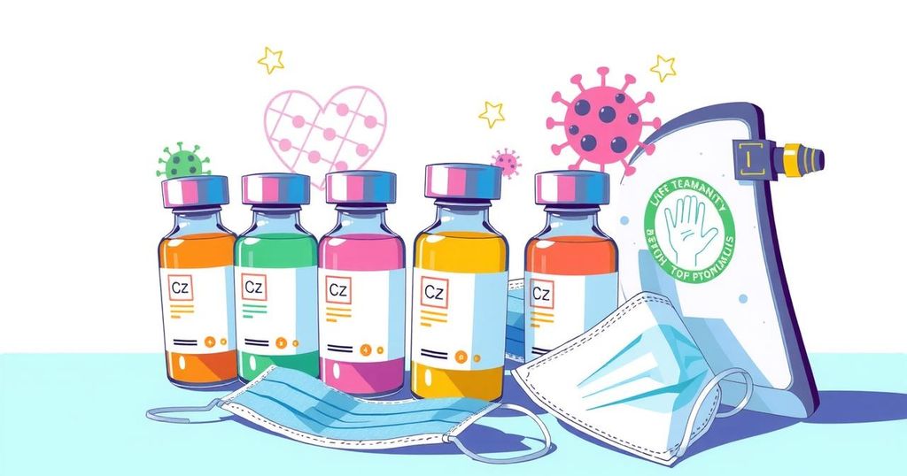 Colorful illustration of a health campaign with vaccines and precaution symbols, featuring a vibrant, modern art style.