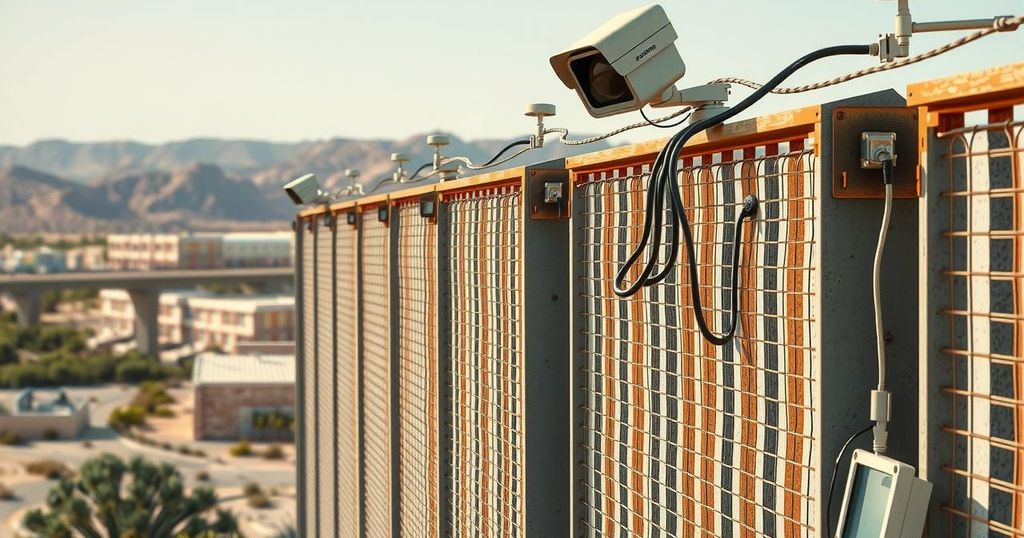 A representation of a modern border wall with high-tech surveillance features and surrounding infrastructure.