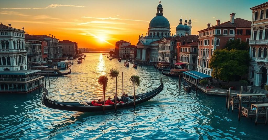 Venetian lagoon scene with gondolas, lush greenery, and opulent architecture representing luxury wedding celebrations.
