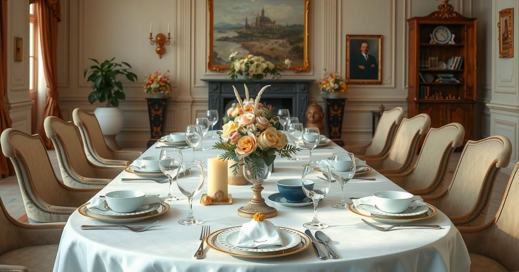An illustration of a formal luncheon table set with elegant dinnerware and floral centerpieces, symbolizing diplomacy.