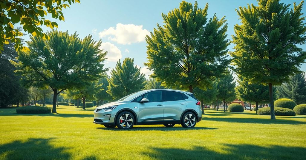 A modern electric vehicle charging in a green park with trees, highlighting eco-friendly transport initiatives.