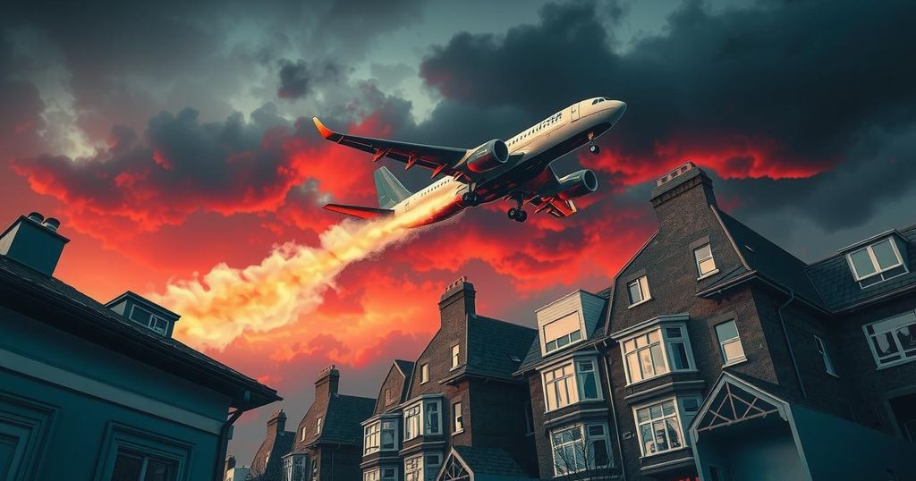 A dramatic scene of an airplane emitting smoke over a residential area, showcasing urgency and chaos.