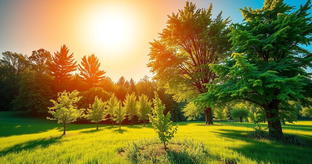 A colorful illustration of a summer landscape with a bright sun and plenty of greenery, representing heat.