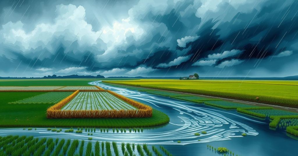 A serene landscape affected by heavy rainfall, showcasing flooded fields and stormy skies in a rural setting.