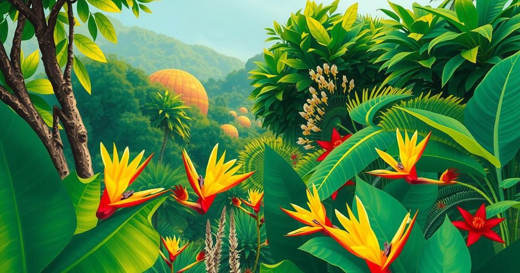 A vibrant Brazilian landscape showcasing lush greenery and colorful flowers, evoking a sense of cultural exchange.