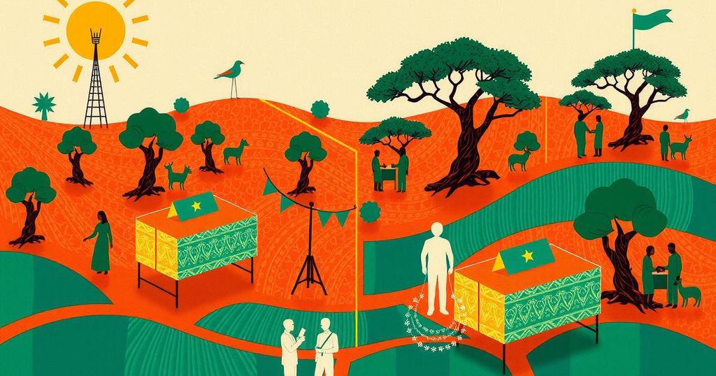 Colorful depiction of voting, celebration, and diplomacy in Africa with vibrant colors and abstract patterns.