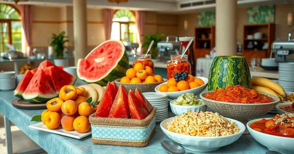 A colorful breakfast buffet featuring fresh fruits, local dishes, and a variety of options for travelers.