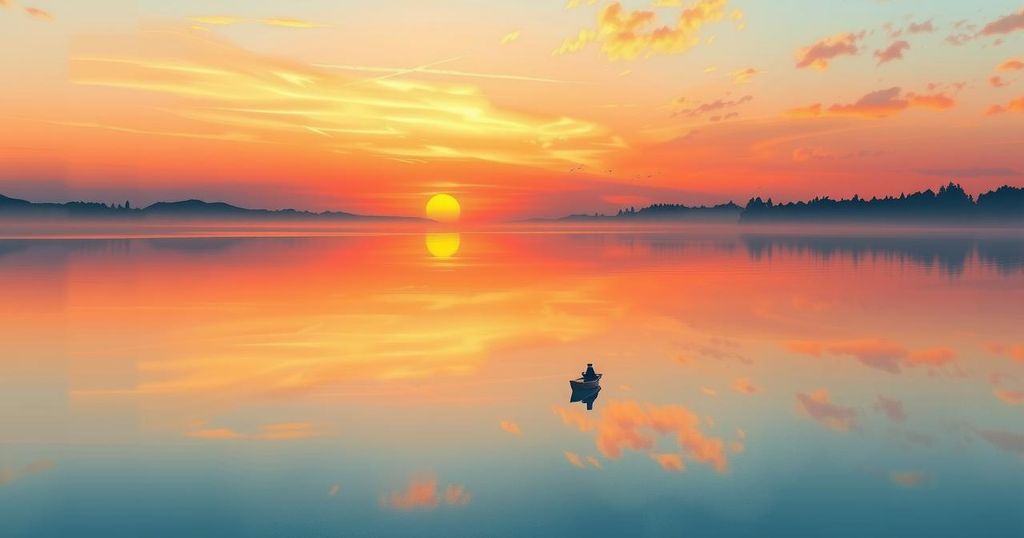 A serene landscape featuring a tranquil sunset over a calm lake, reflecting soft hues of orange and pink.