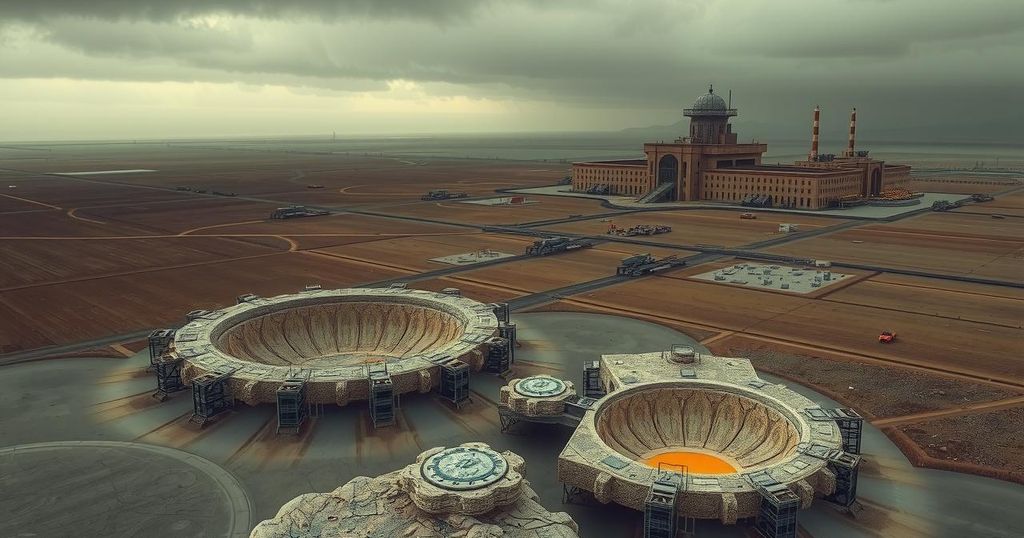 Satellite imagery of a nuclear facility with craters and military features, illustrating geopolitical tensions.