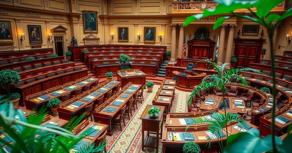 Vietnam's parliament session with a focus on law amendments in a serene legislative setting