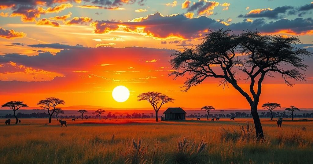 Scenic view of Kenya's countryside featuring savanna, acacia trees, and vibrant sunset.