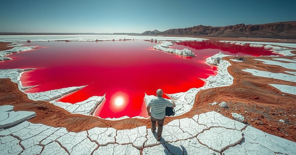 A vivid red lake with mirrored water reflecting surrounding scorched earth and salt formations in Tanzania.