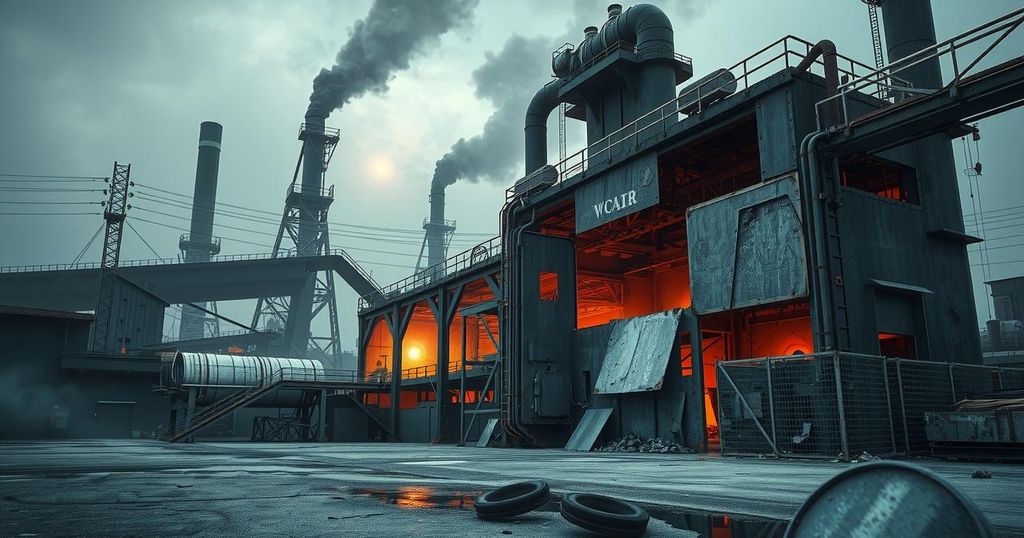 A conceptual representation of a metal conversion facility in a damaged industrial landscape, showcasing resilience and transformation.