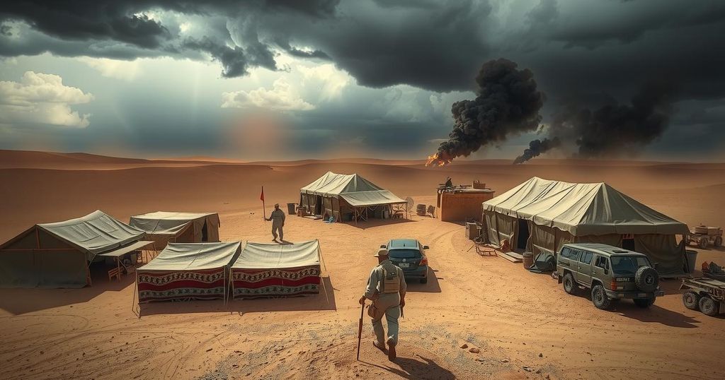 A military camp scene with tents and equipment in a dusty Timbuktu landscape, under a stormy sky with dark clouds.